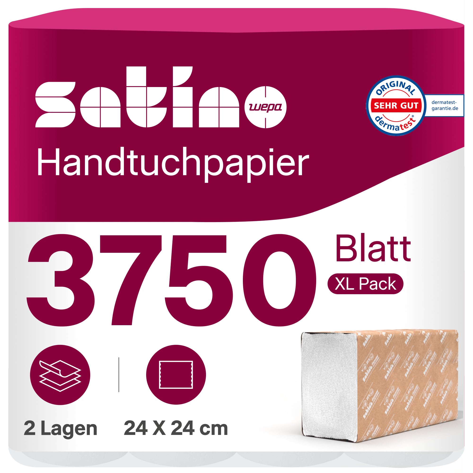 Satino Papierhandtücher 2-lagig Premium - 3.750 Blatt weiße Falthandtücher - Zellstoff mit Z Falz - für Papierspender mit Papiergröße 24x24cm (24x8cm gefaltet)