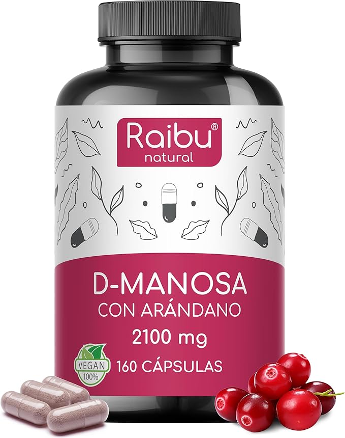 D-Manosa Raibu - Alta dosis diaria de 2100 mg - 160 cápsulas con arándano rojo y vitamina C - Vegano y sin aditivos químicos - Calidad europea
