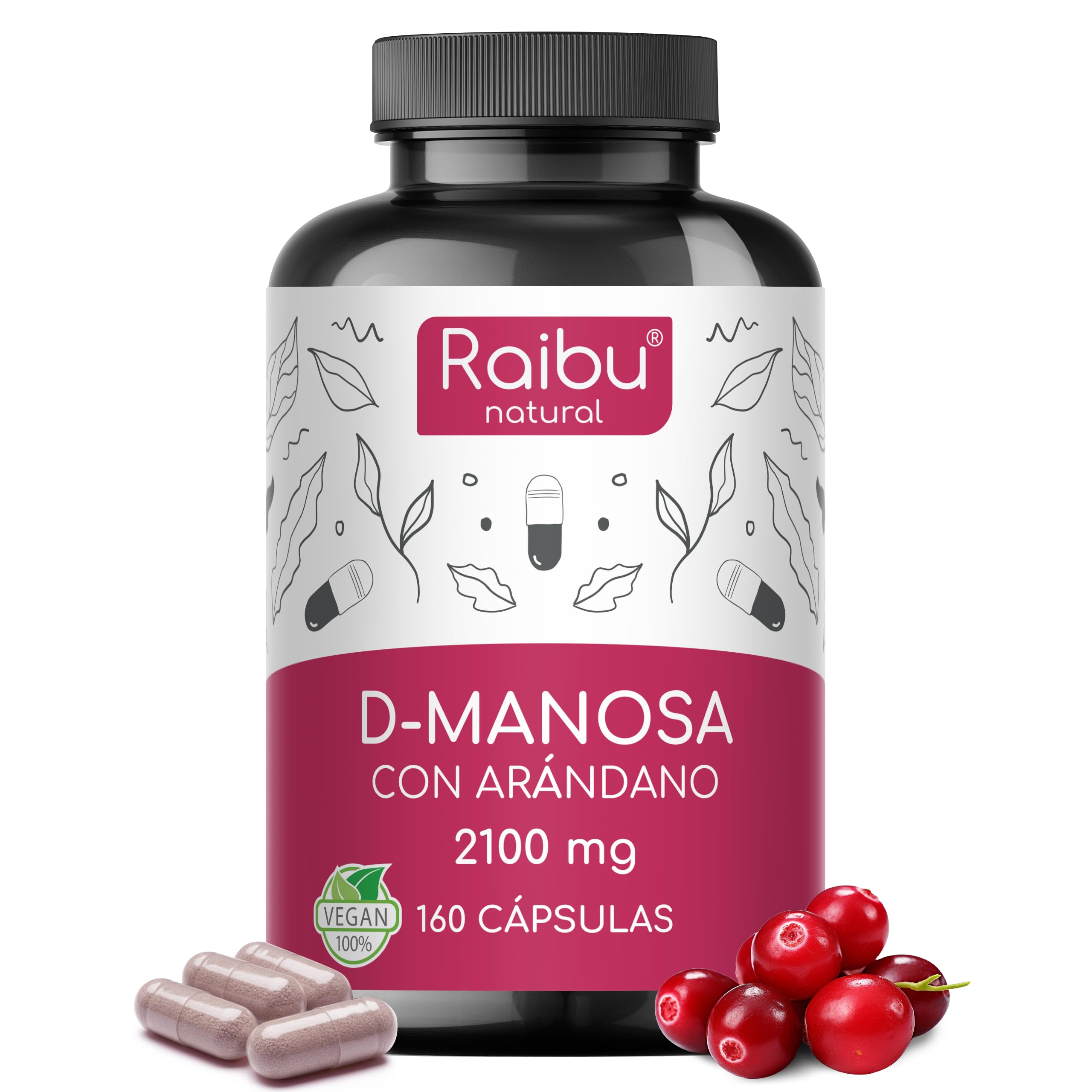 D-Manosa Raibu - 2100 mg alta dosis por día - 160 cápsulas - Con arándano rojo y