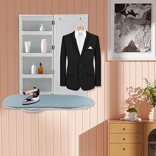 Miniatura 7 de Armario de tabla de planchar de montaje en pared, plegable y giratoria integrada, con almacenamiento y espejo extraíble, para guardar en el