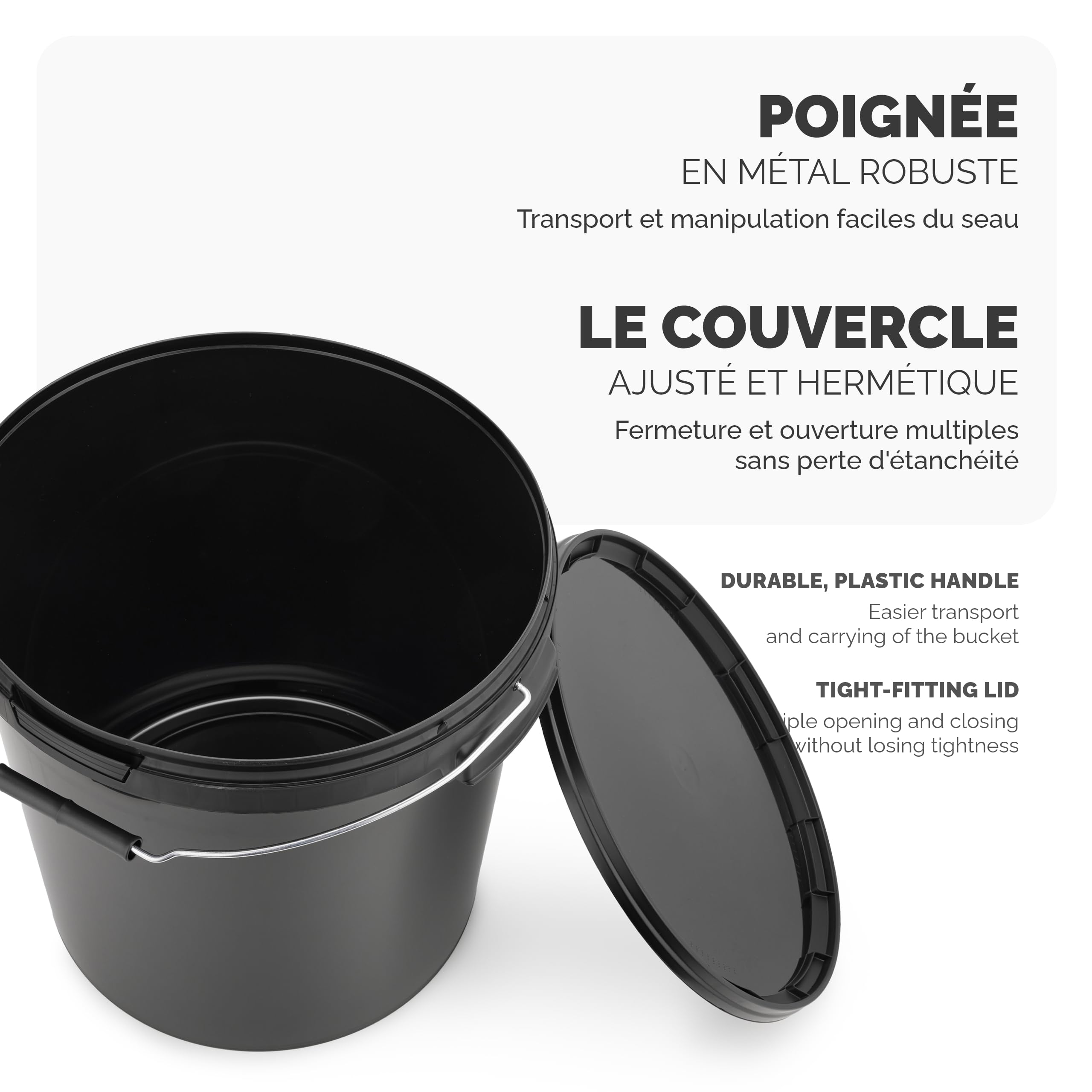 Garronda Seau avec Couvercle 20 L pour Le Stockage de Produits Alimentaires et Chimiques 5 Pièces Noir GD-0104