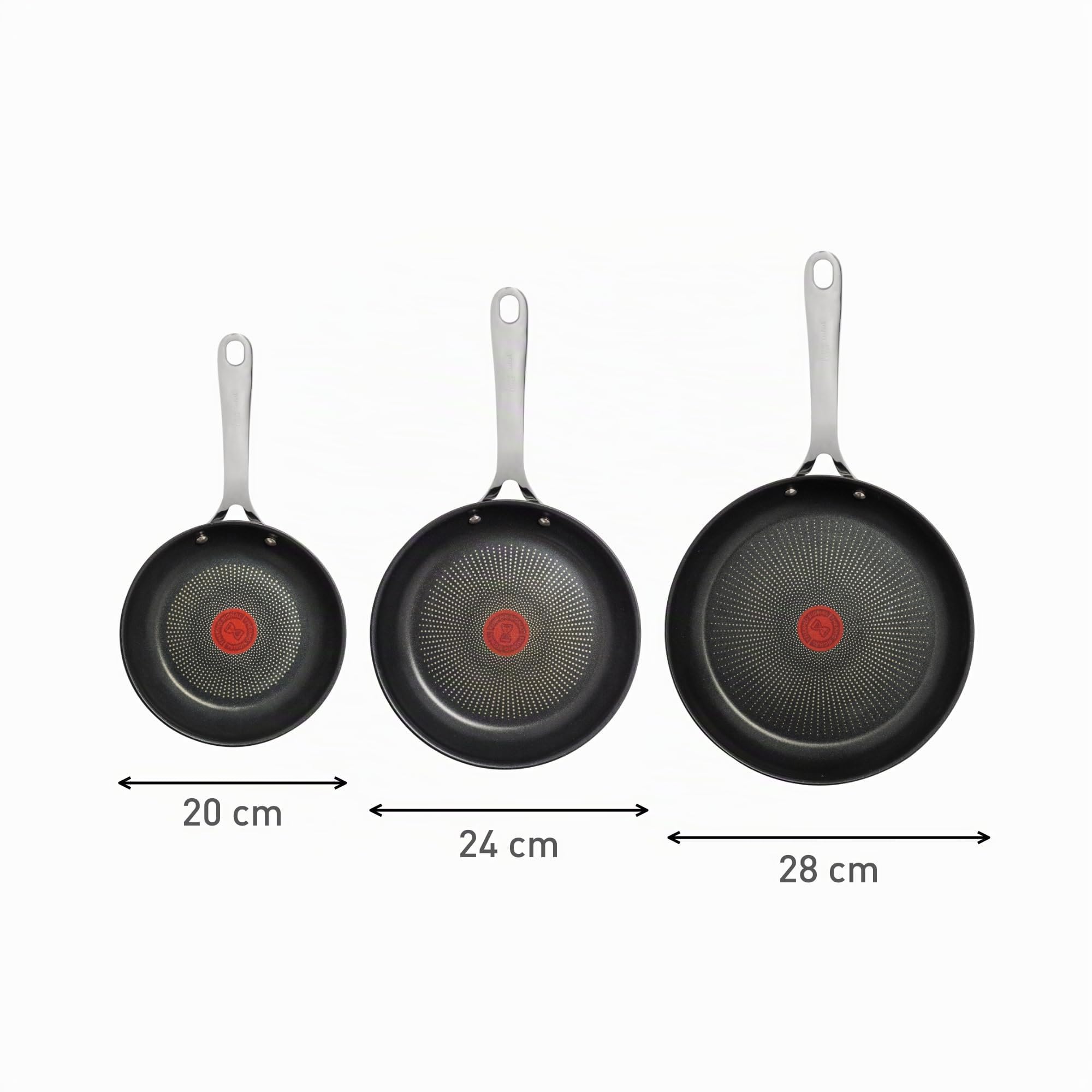 Jamie Olivers Cook's Direct Inox Batterie de cuisine 3 poêles 20/24/28 cm, Revêtement antiadhésif, Indicateur de cuisson, Poignée sûre rivetée, Induction E304S344