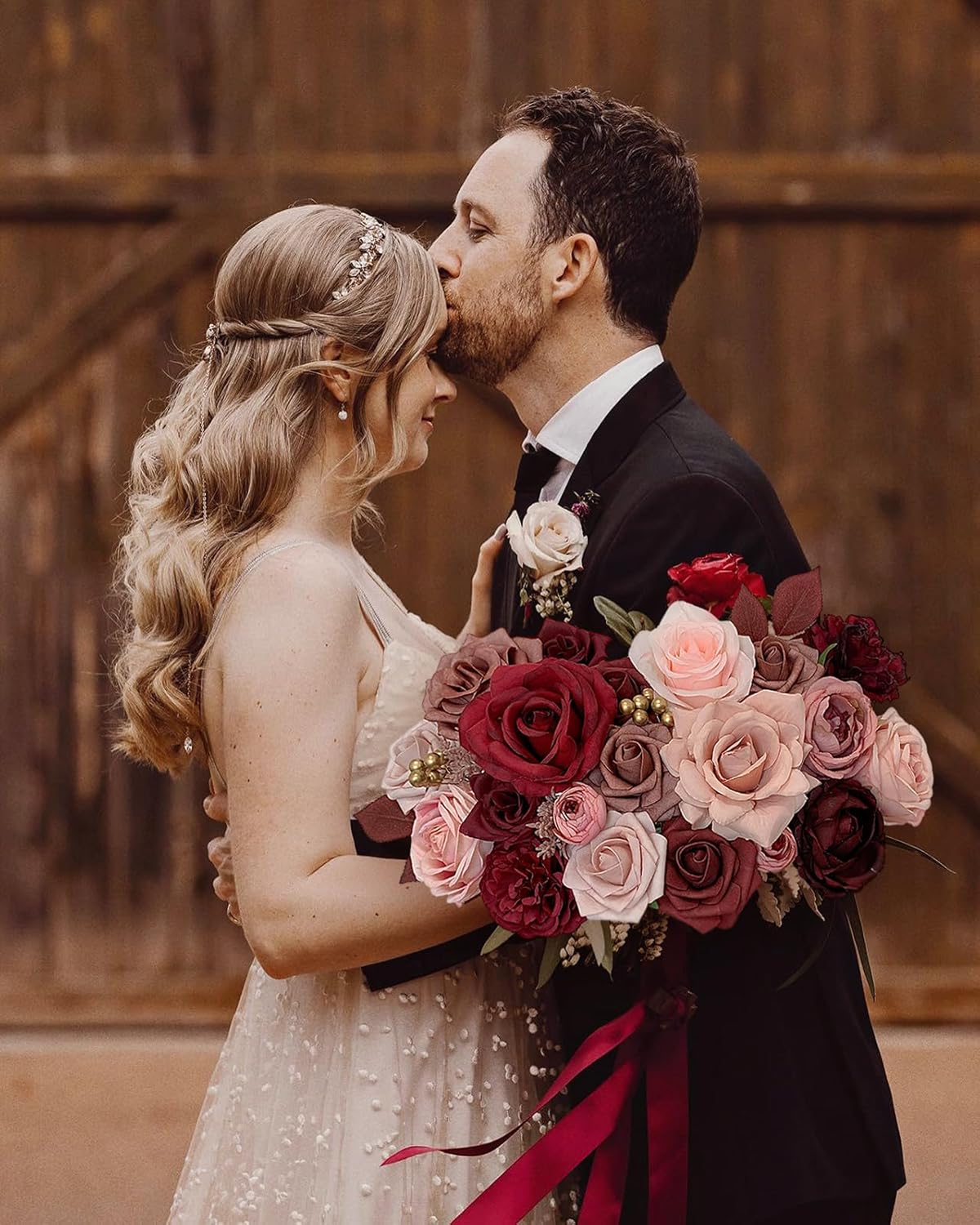 Roses Artificial Flowers Burgundy Fake Flower Bulk for DIY Wedding Bouquet Bridal Baby Shower Centerpiece Table Decorations Cake Decorating Silk Faux Floral Arrangements Party Home Decor Dusty - Image 7