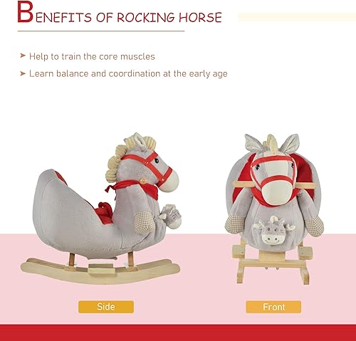 Miniatura 4 de Qaba Juguete de caballo mecedora para niños, balancín con canción de cuna, títeres de mano y tela de felpa suave para niños de 18 a 36 meses, gris