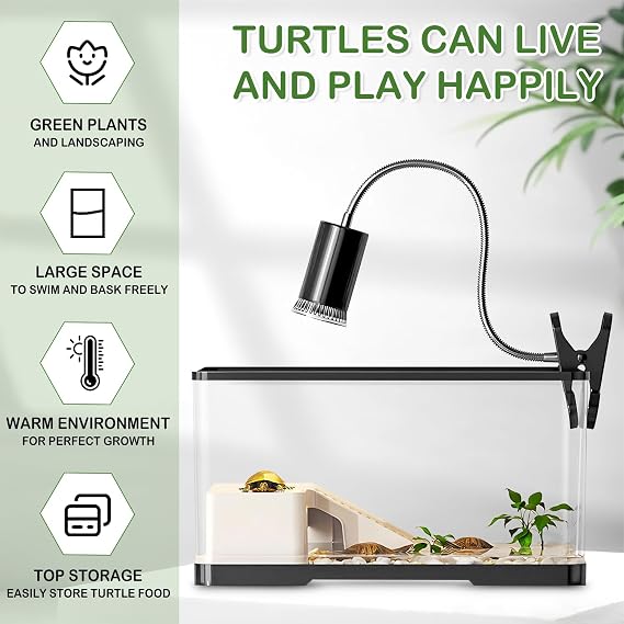 (Tank+Light+Filter+Filter Balls) Turtle Tank Kit, Turtle Tank Starter Kit with Basking Platform, Bottom Drainage, Multi-Function Areas for Amphibian,Reptiles.(15.35 x 8.5 x 8.3 Inch)