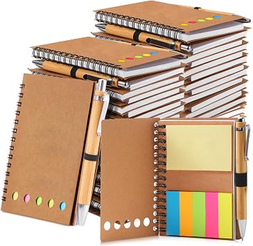 Chuangdi 30 Sets Lined Spiral Notebooks with Sticky Notes and Bamboo Pens