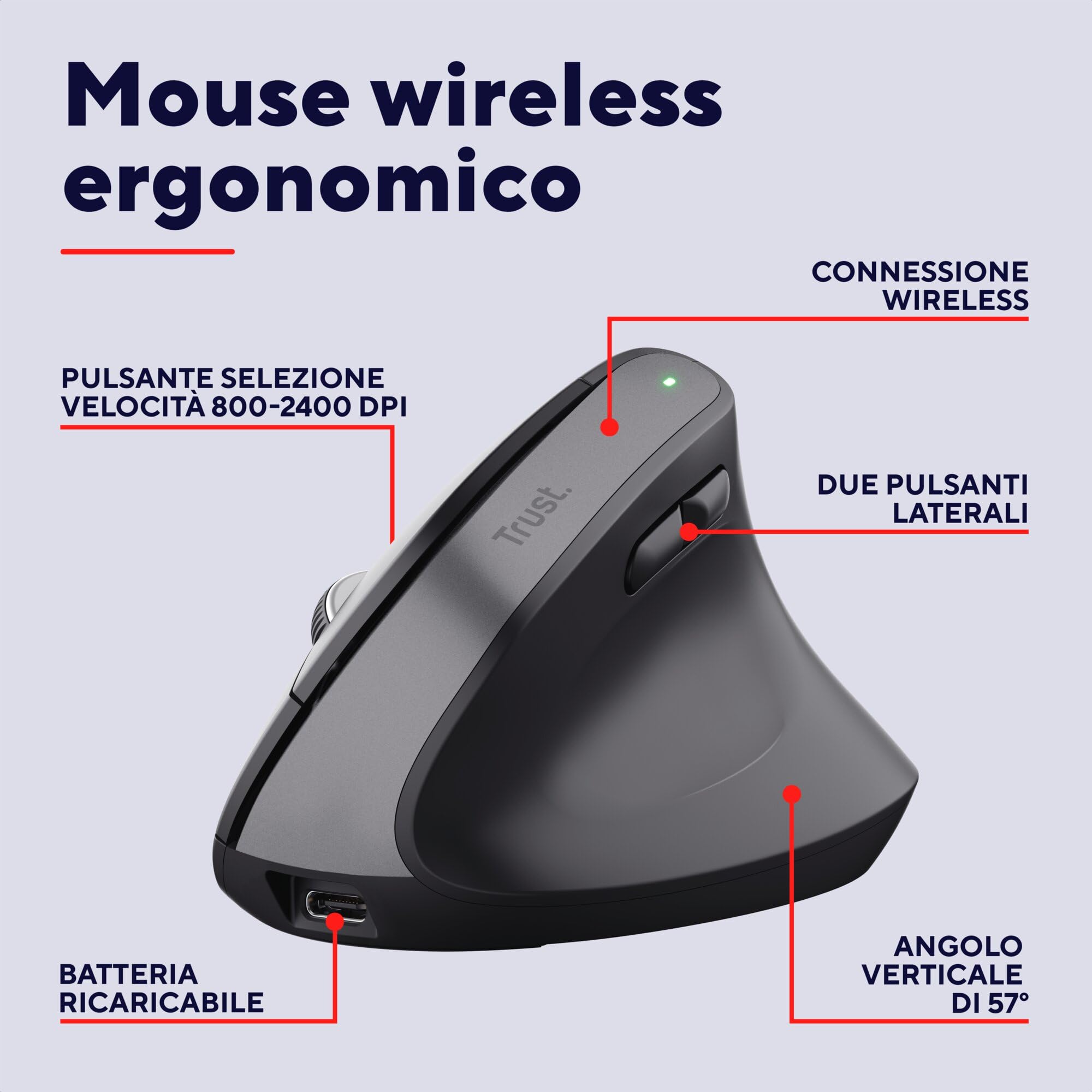Trust Bayo+ Mouse Verticale Wireless Bluetooth + RF 2.4GHz, Ridurre la Tensione del Braccio e del Polso, 53% Plastica Riciclata, Mouse Ergonomico Ricaricabile Multidispositivo PC Laptop Mac - Nero