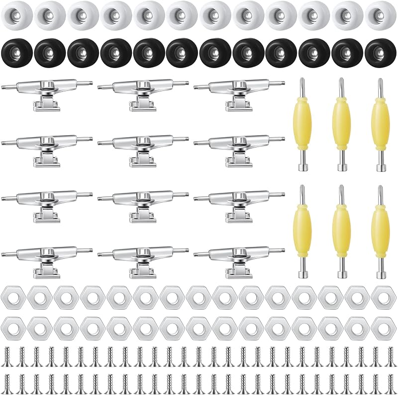 Jexine 6 Sets DIY Fingerboard Kit Fingerboard Accessories Mini Finger Skateboard Parts Include 12 Brackets 54 Screws 30 Nuts 6 Screwdriver 24 Board Wheels Tool for 96mm(Black, White)