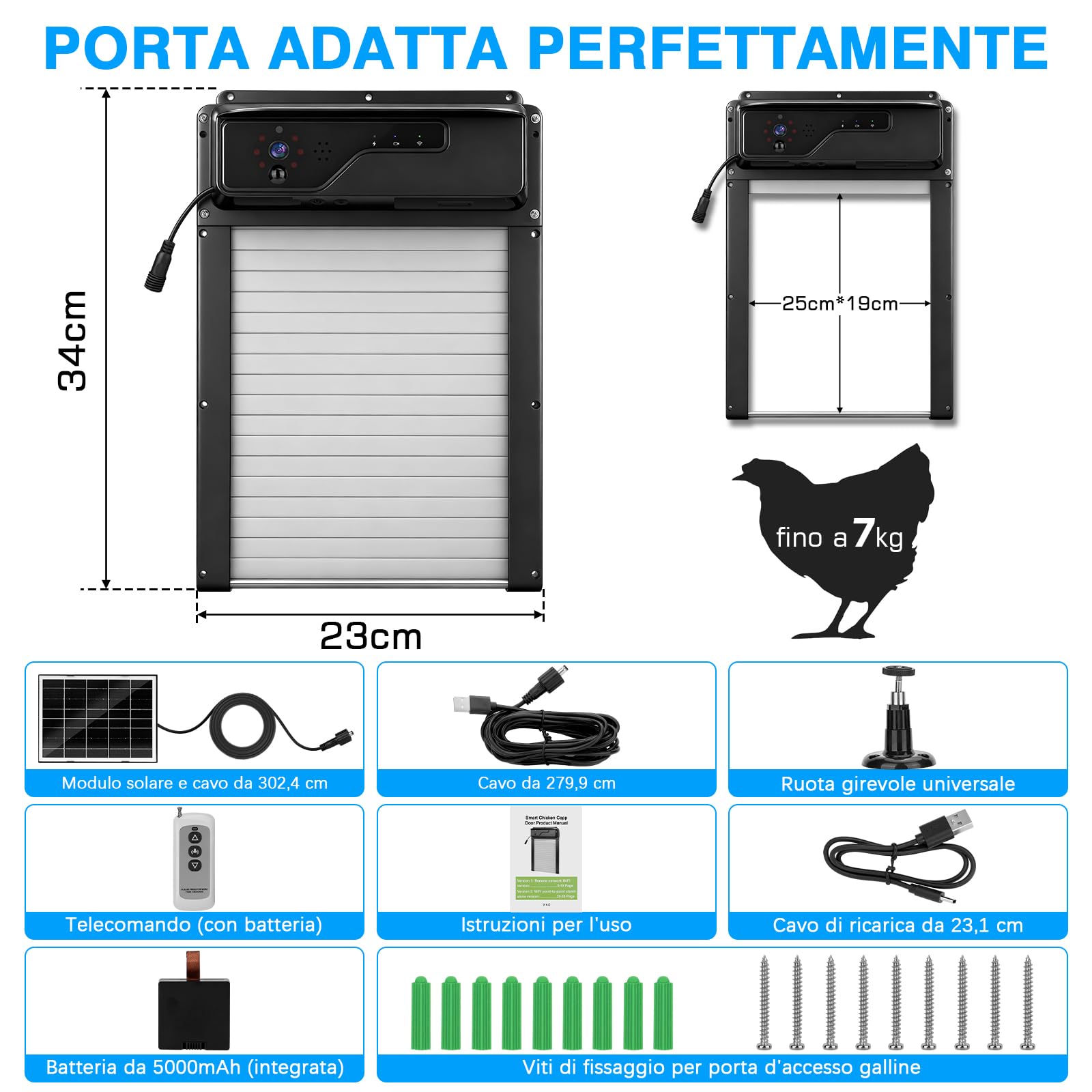 Porta Automatica per Pollaio Solare, con fotocamera 1080P, controllo app e Wi-Fi, visualizzazione in tempo reale dello stato della porta, funzione di chiamata vocale e timer, batteria da 5000 mAh