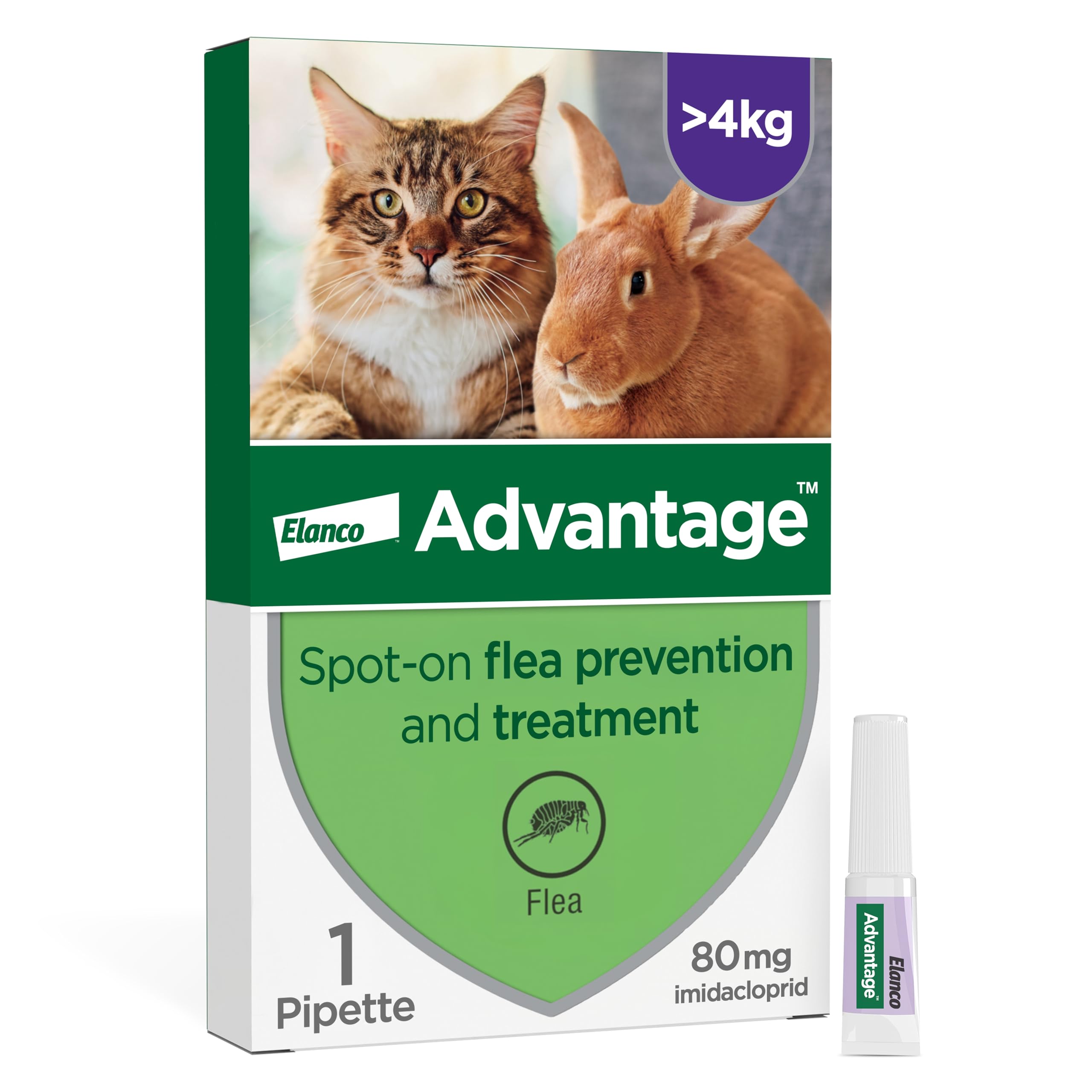 Advantage Spot On Flea Treatment For Large Cats and Rabbits Over 4kg (1 pipette, 80mg), Kills Fleas Within 24 Hours, Prevents Further Infestation For Up To Four Weeks in Cats