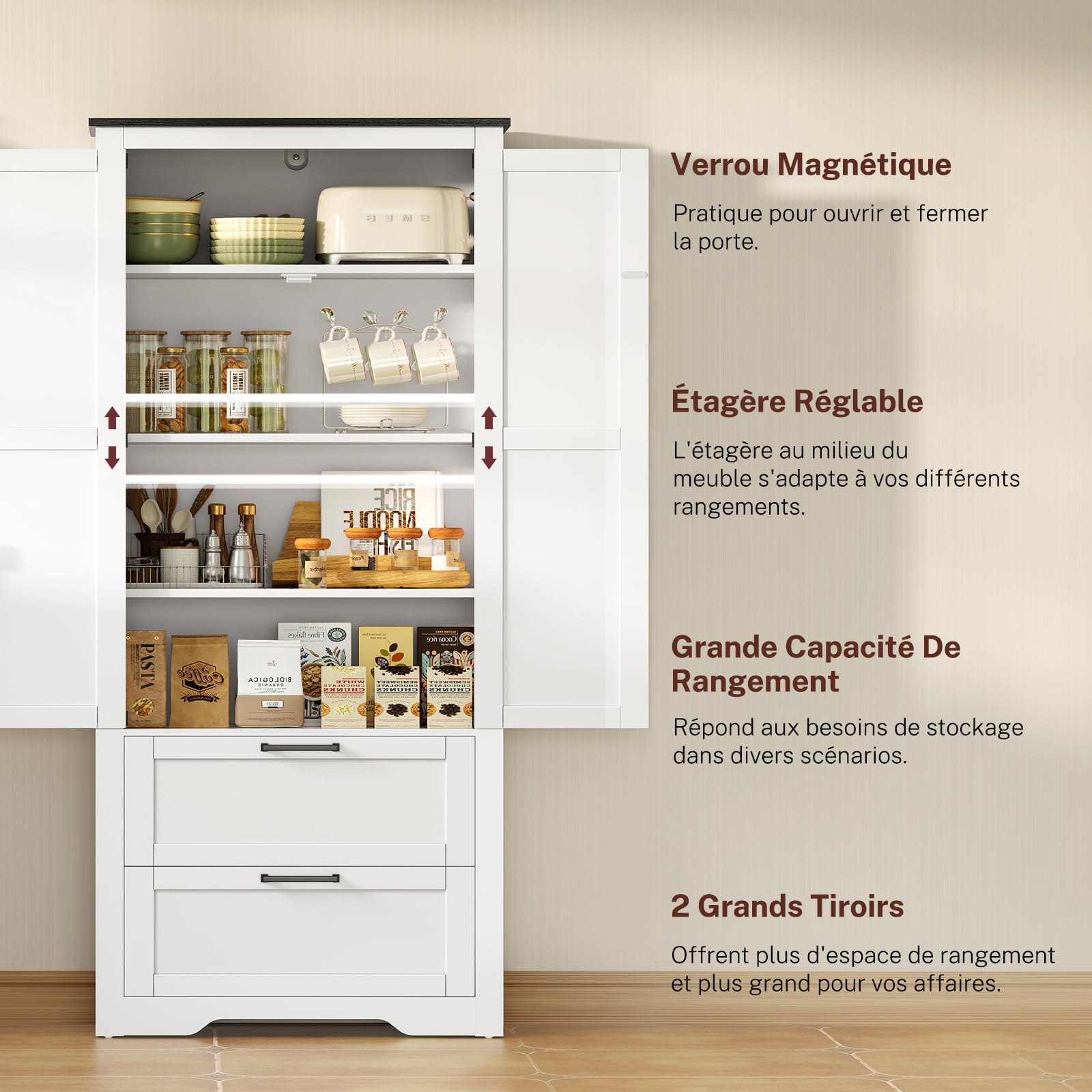 TEENFON Buffet Haut Cuisine, Armoire Cuisine 2 Portes et 2 Tiroirs, Meuble de Rangement avec Étagère Réglable, pour Salon et Salle à Manger, 60x30x168 cm, Blanc