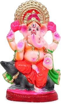KSI Eco Friendly Ganesha Idol 7.5 Inch Water Soluble Ganpati Murti Mushak Design Full Paint Clay for Home Pooja Visarjan Ganesh Statue for Mandir Table Decor