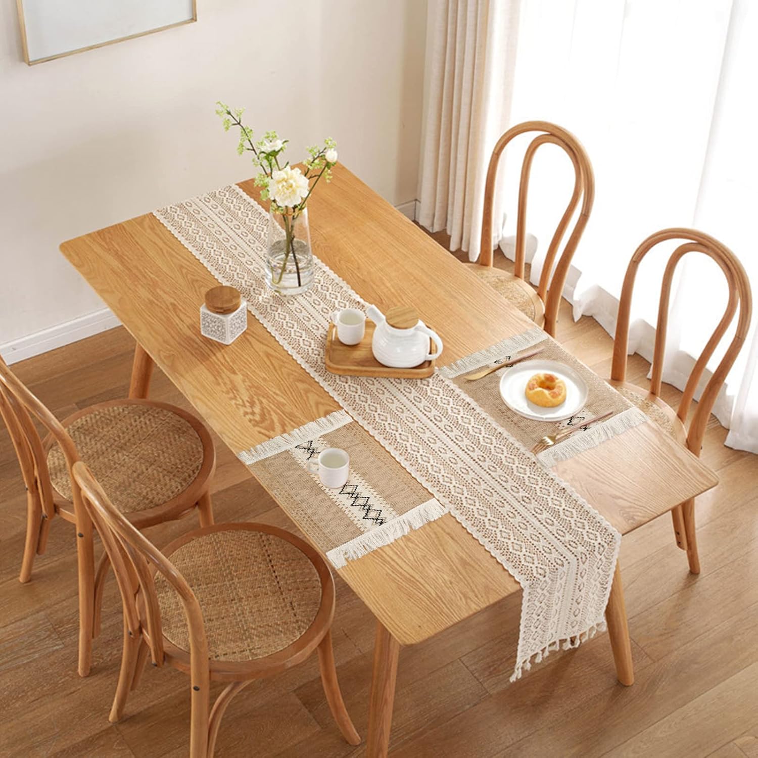 Boho Table Mats, 4Pcs Washable Dinner Place Mats Rectangle Braided Boho Table Mats Rustic Cotton Woven Placemats with Tassel for Wedding Dining Kitchen (11.8 x 19.88inch)