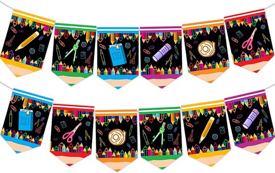 Back to School Banner Decorations, 12 pcs First day of School Banner Welcome Back Supplies Classroom Office Party Hanging Decor Gifts Photo Props Black