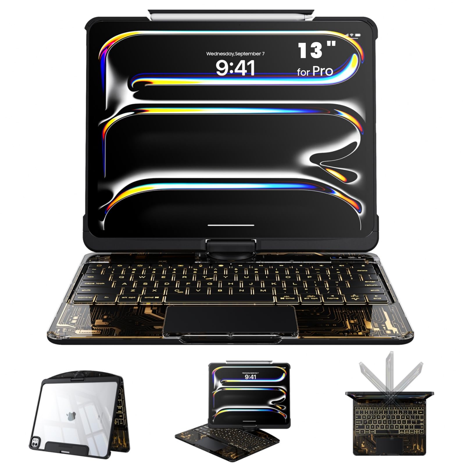 Clear Case with Keyboard for iPad Pro 13 Inch (M5/M4, 2025/2024), 360°+180° Rotating iPad Keyboard, LCD Display, Pencil Holder, 7-Color Backlit, Multi-Touch Trackpad, Black