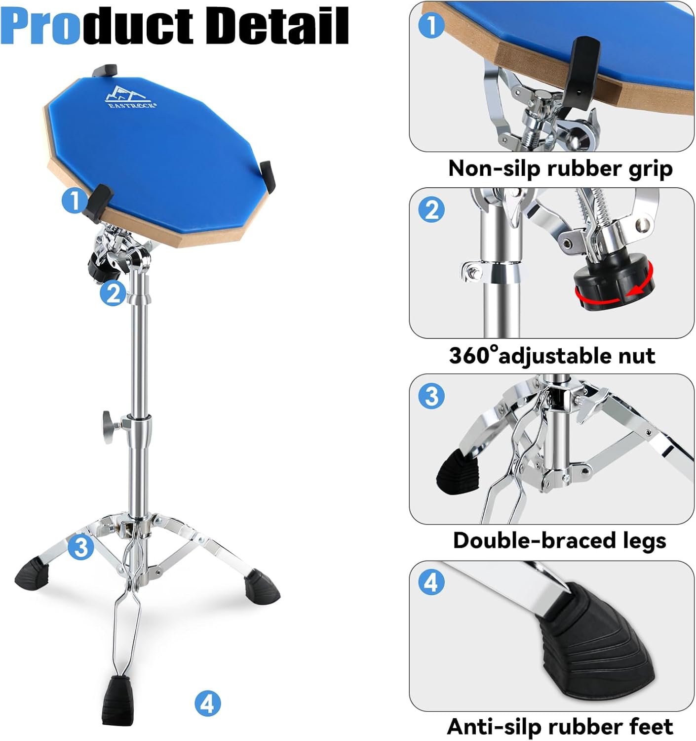 EASTROCK Practice Drum Pad Stand Bundles, 12 Inches Double Sided Silent Silicone Drum Pad, Silicone Dumb Drum with Drum Stand, Drumsticks and Storage Bag for Beginners,blue