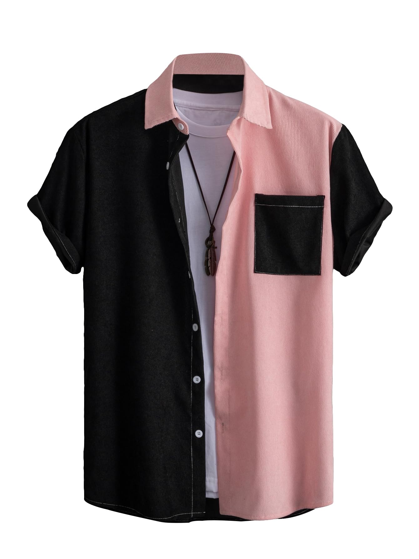 GORGLITTERMen's Colorblock Button Down Collared Pocket Short Sleeve Shirt Top