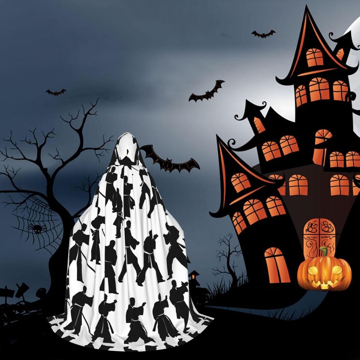 Silhouettes of Martial Arts print Wizard Hooded Robe Medieval Cape Renaissance Cloak for Men Women Halloween Costume