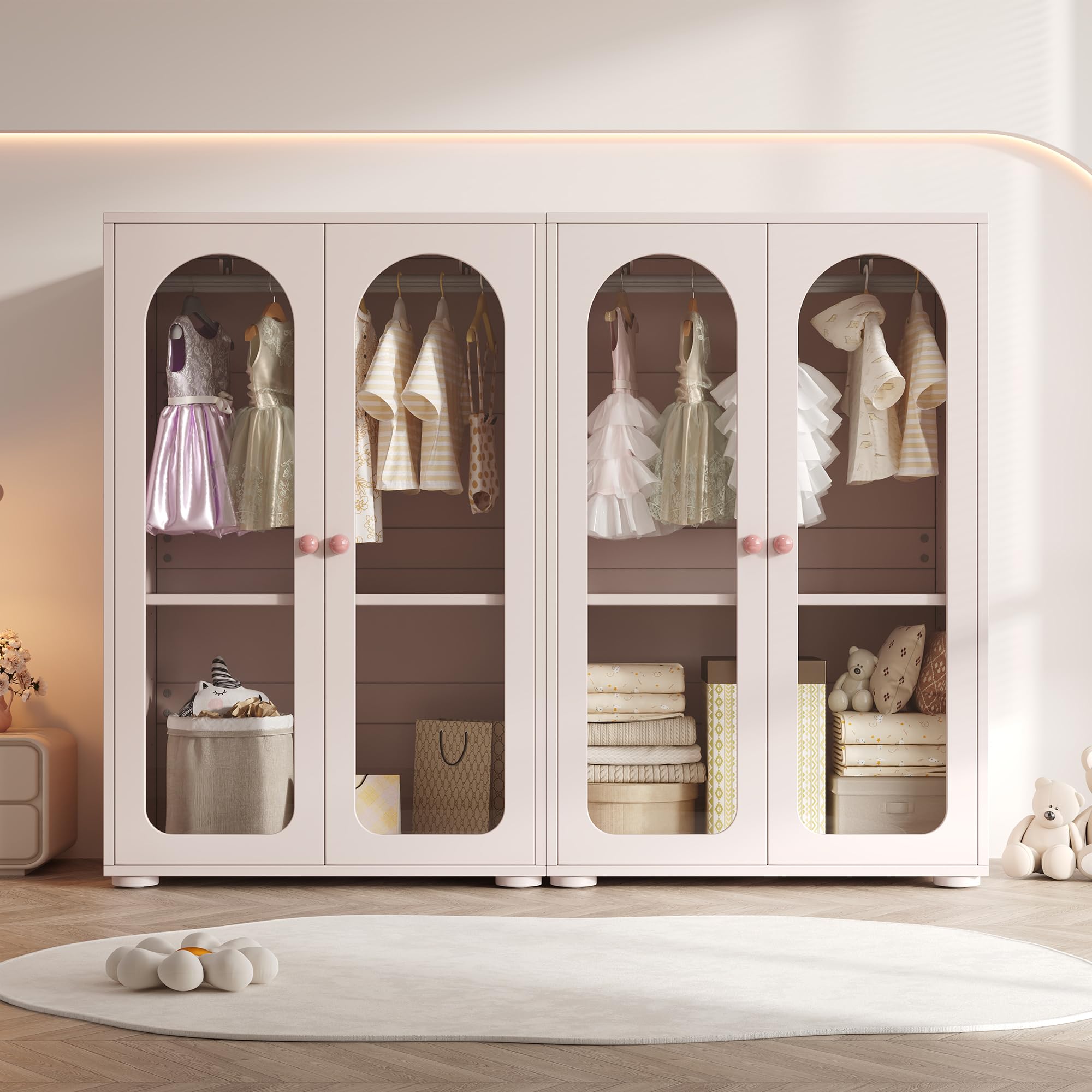 Juego de 2 armarios lacados, color rosa bebé, con barra para colgar, puertas transparentes acrílicas, tiradores de cerámica, armario para niños, armario de almacenamiento para dormitorio