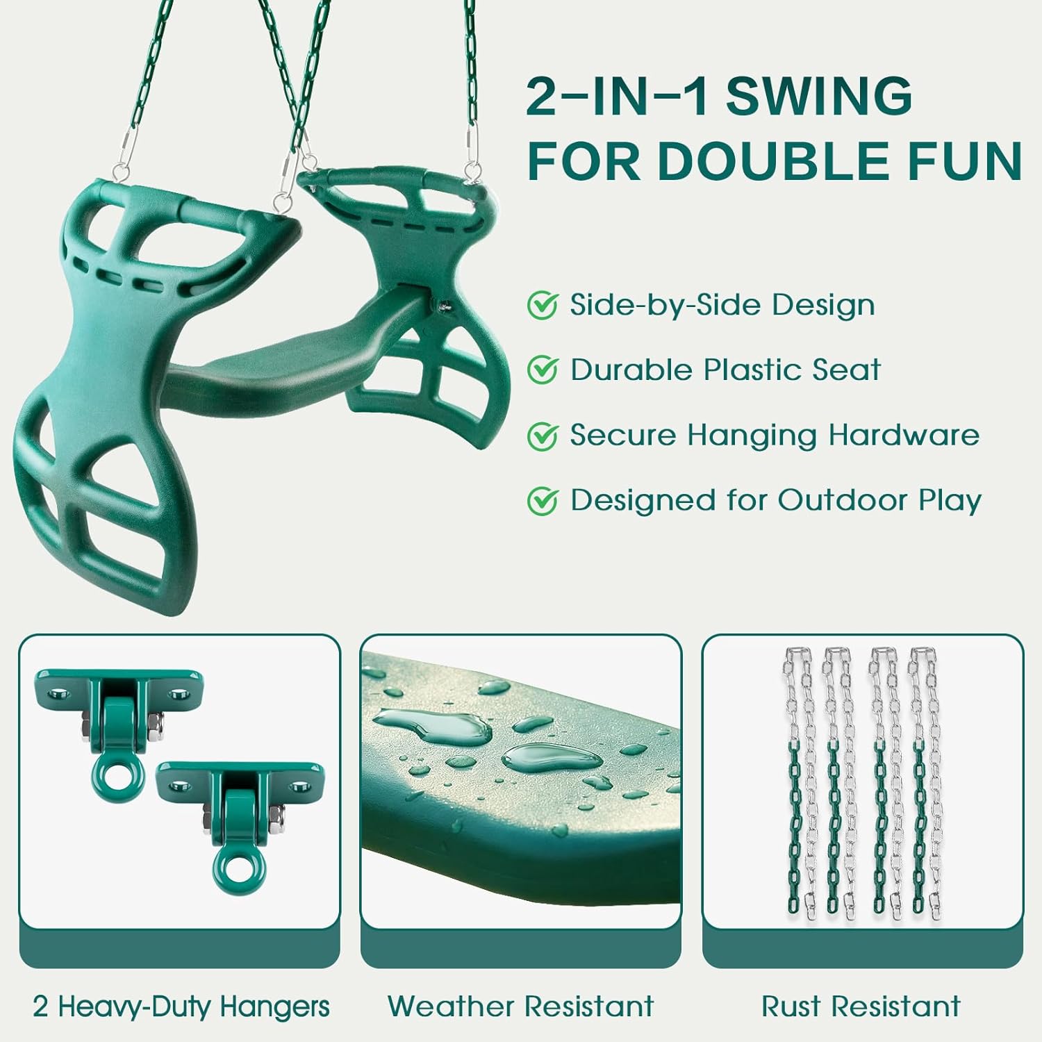 Dual Glider Swing for Kids - Heavy Duty 2 Person Outdoor Double Swing Set Accessory with Plastic Coated Safety Chains and 2 Hanger Brackets, Pinch-Free Fun for Easy Mounting to Playsets