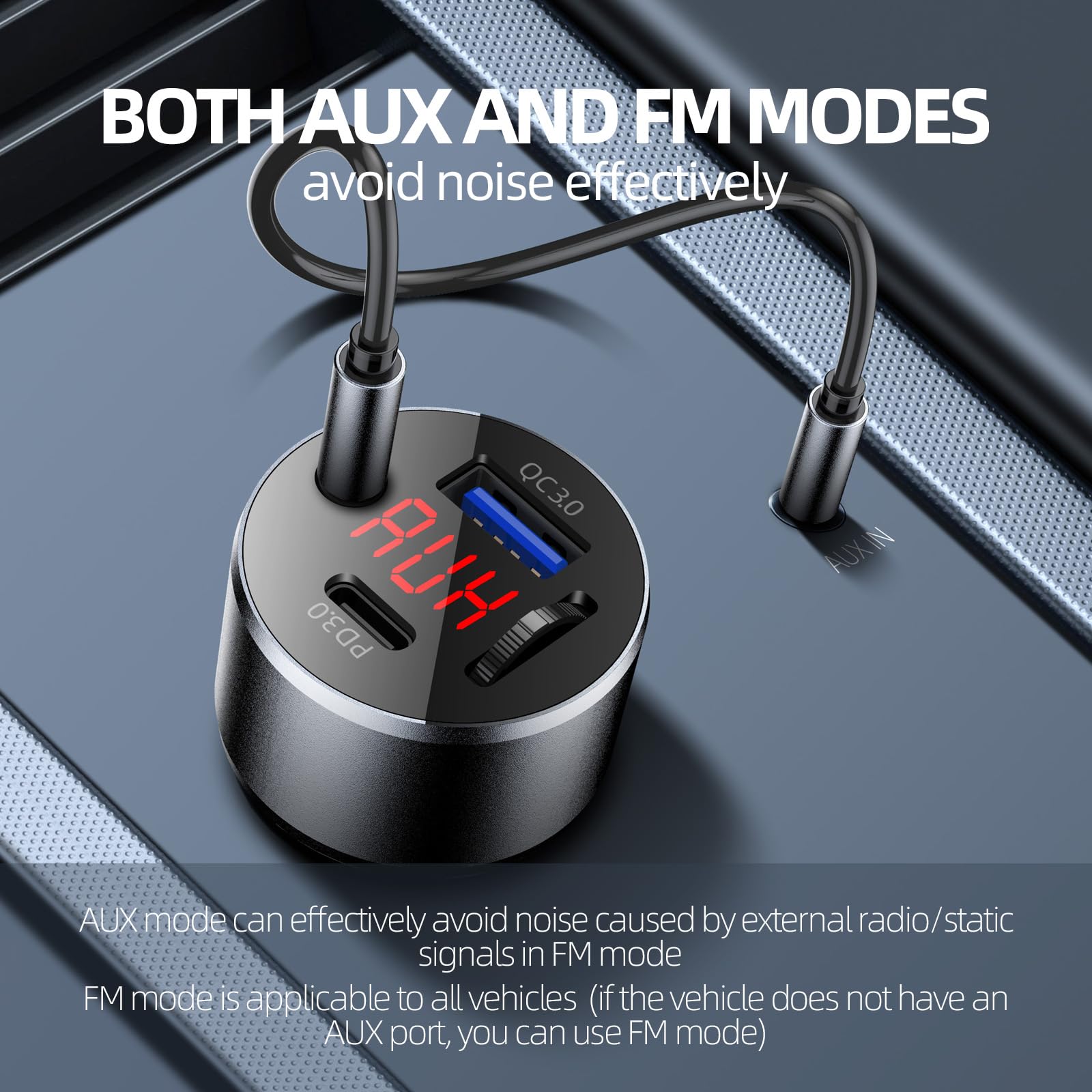 Adaptador AUX para coche Transmisor FM, iMyOnly QC/PD totalmente metálico Bluetooth V5.3 AUX Adaptador para reproductor de música de coche, transmisor Bluetooth con llamadas manos libres