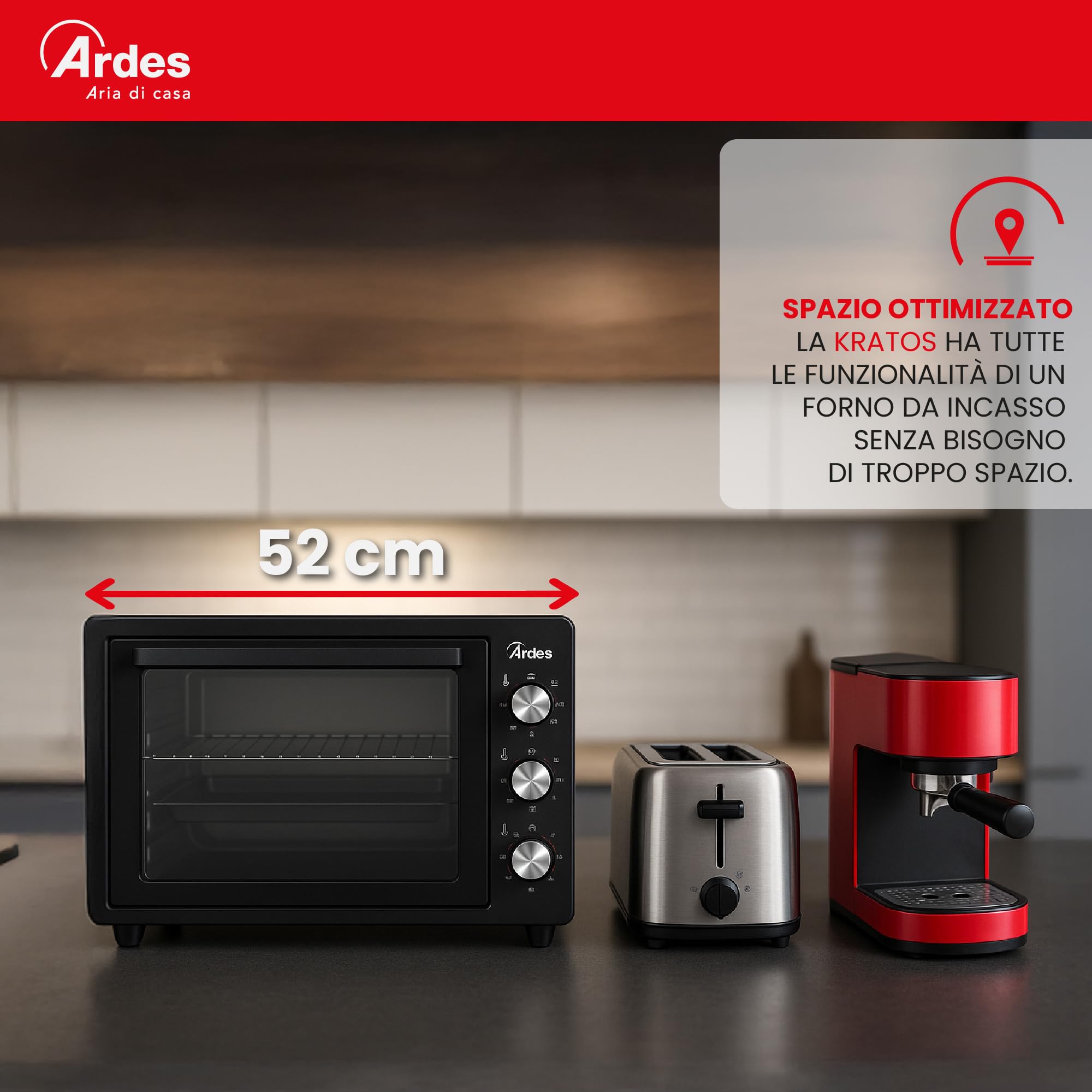 Ardes KRATOS 37L Forno Elettrico Ventilato 37 Litri con 5 Modalità di Cottura, Termostato 40-280°C, Timer 90 Minuti, Luce Interna e Doppio Vetro