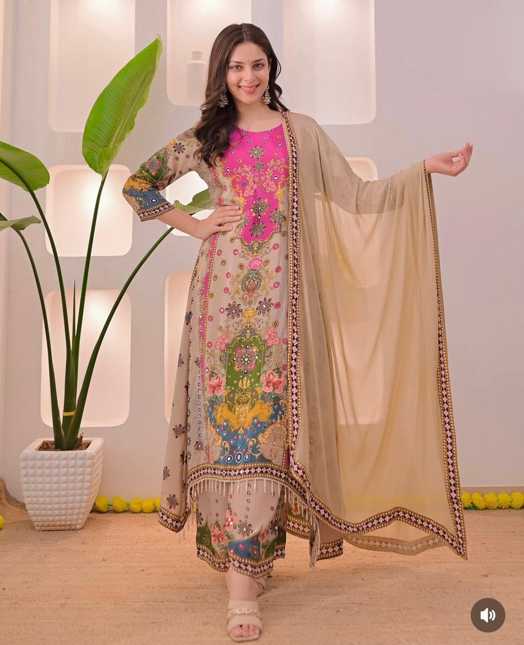 Women’s Muslin Cotton Anarkali Kurti Palazzo Dupatta Set with Necklace | Beige Floral Printed Ethnic Suit |