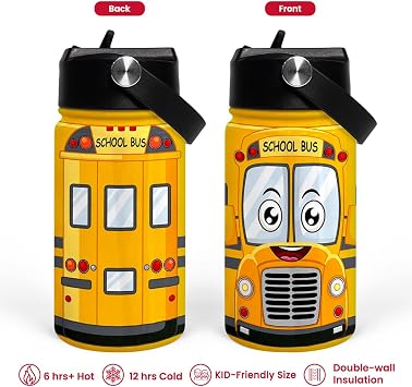 School Bus Water Bottle - Kids Water Bottle with Straw Lid - 12 Oz Insulated Stainless Steel Water Bottles for Kid Boys - Travel Cup for School Sports