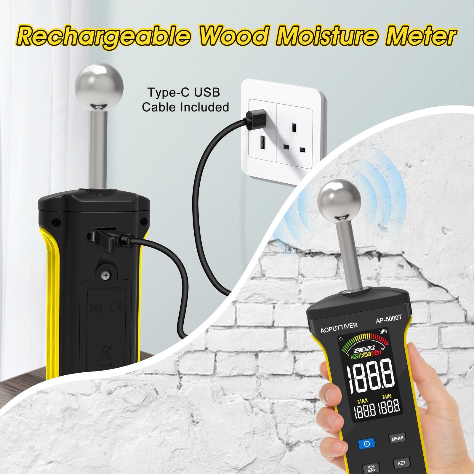 Testeur Humidité Humidimètre Sans Aiguille T, Détecteur Humidité Murs, Bois, Maçonnerie et Béton avec écran Couleur LCD et Alarme, Détecte Jusqu'à 20-40mm Sous la Surface