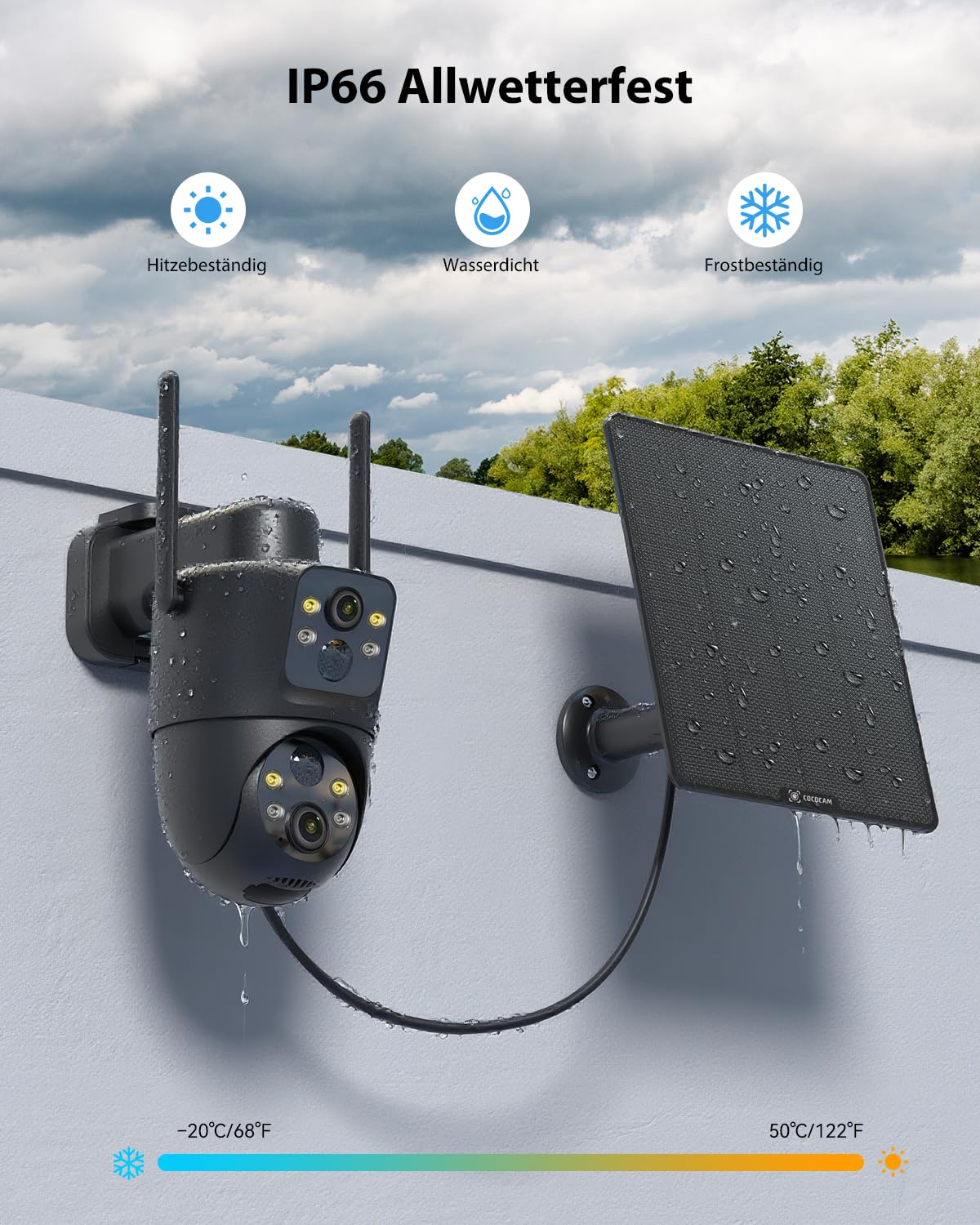 COCOCAM 2K Dual Objektiv Überwachungskamera Aussen WLAN Solar | 10000mAh Akku, 6W Solarpanel, Duale PIR und KI-Personenerkennung, Farb-Nachtsicht, 355°P 90° T, IP66, 2.4GHz WLAN