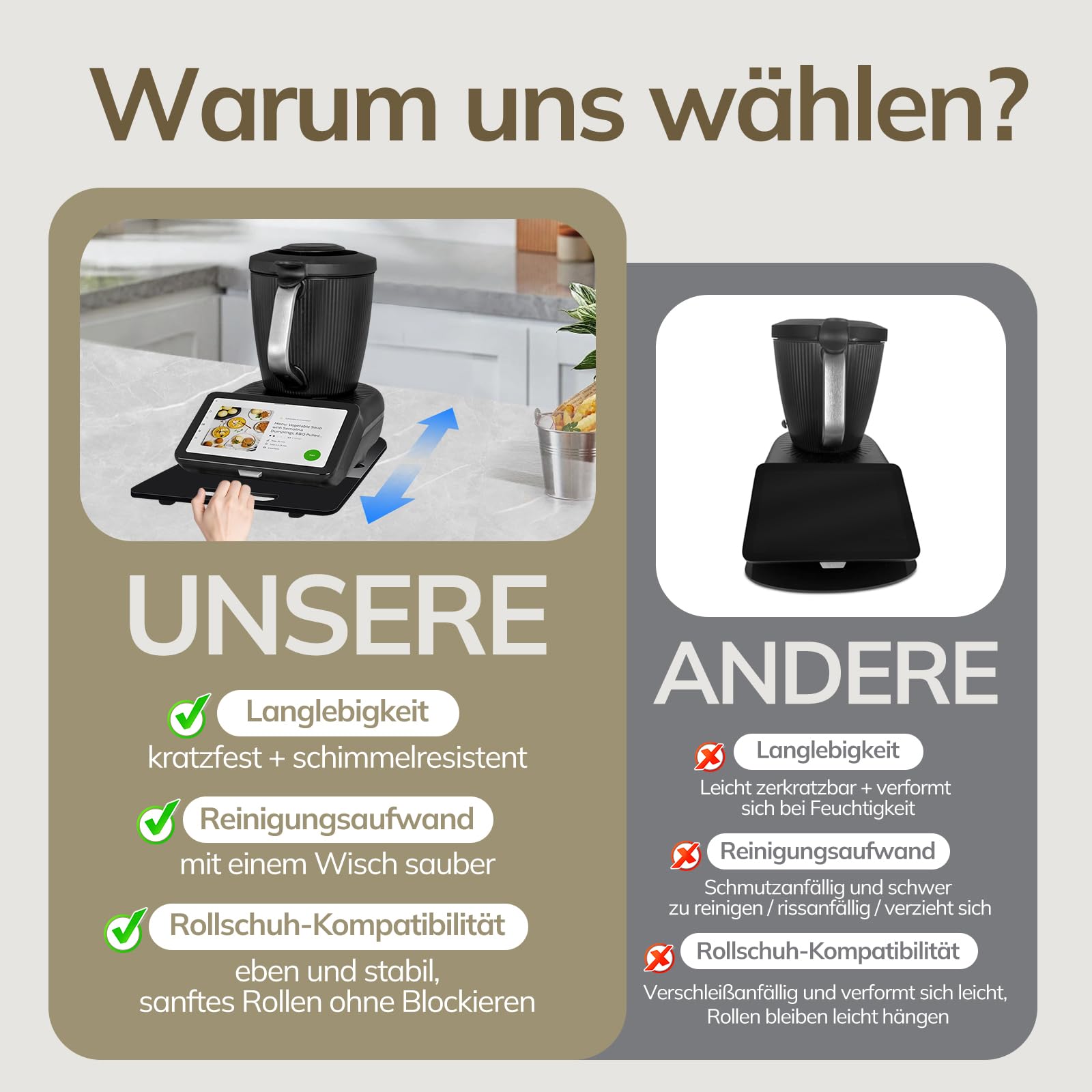 Gleitbrett TM7 für Thermomix, Brett für Thermomix mit 360° Rollen, Stopper & Gummifüßen, Müheloses Verschieben des TM7 Hochwertiger Rollbrett Zubehör für sicheren Stand der Küchenmaschine, Schwarz