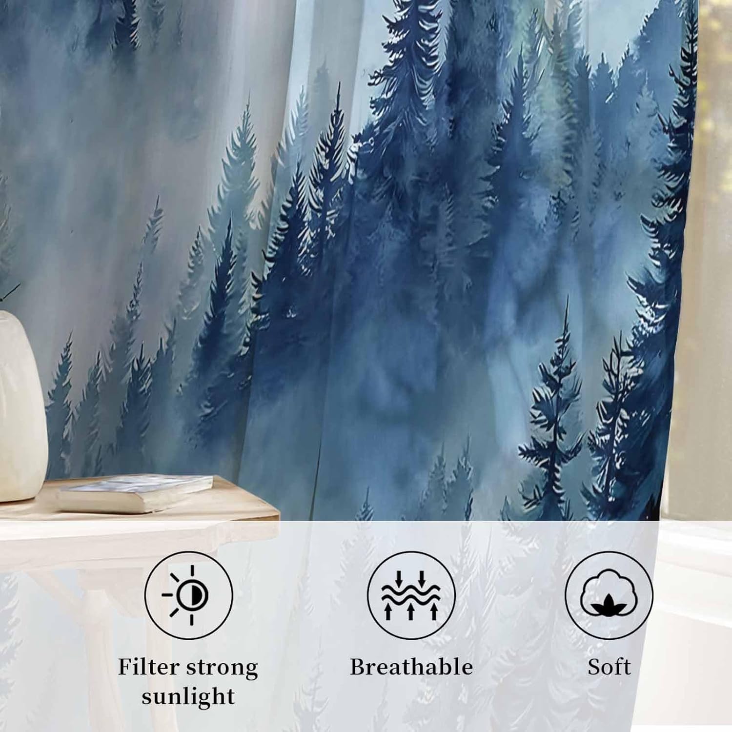 Blue Mountain Sheer Curtains 54 Inches Long, Misty Forest Nature Woodland Pine Tree Landscape Soft Light Filter Curtains Panels, Rod Pocket Privacy Drapes Window Treatments for Kitchen Study Room