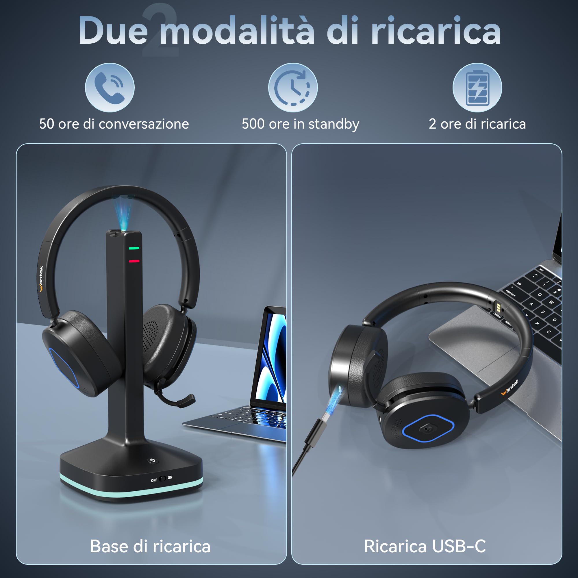 Wantek Cuffie Bluetooth con Microfono, Base di Ricarica e Dongle USB, Bluetooth 6.0, Riduzione del Rumore Microfono, Connessione Multipoint, per PC, Laptop, Teams, Zoom e Ufficio, call center