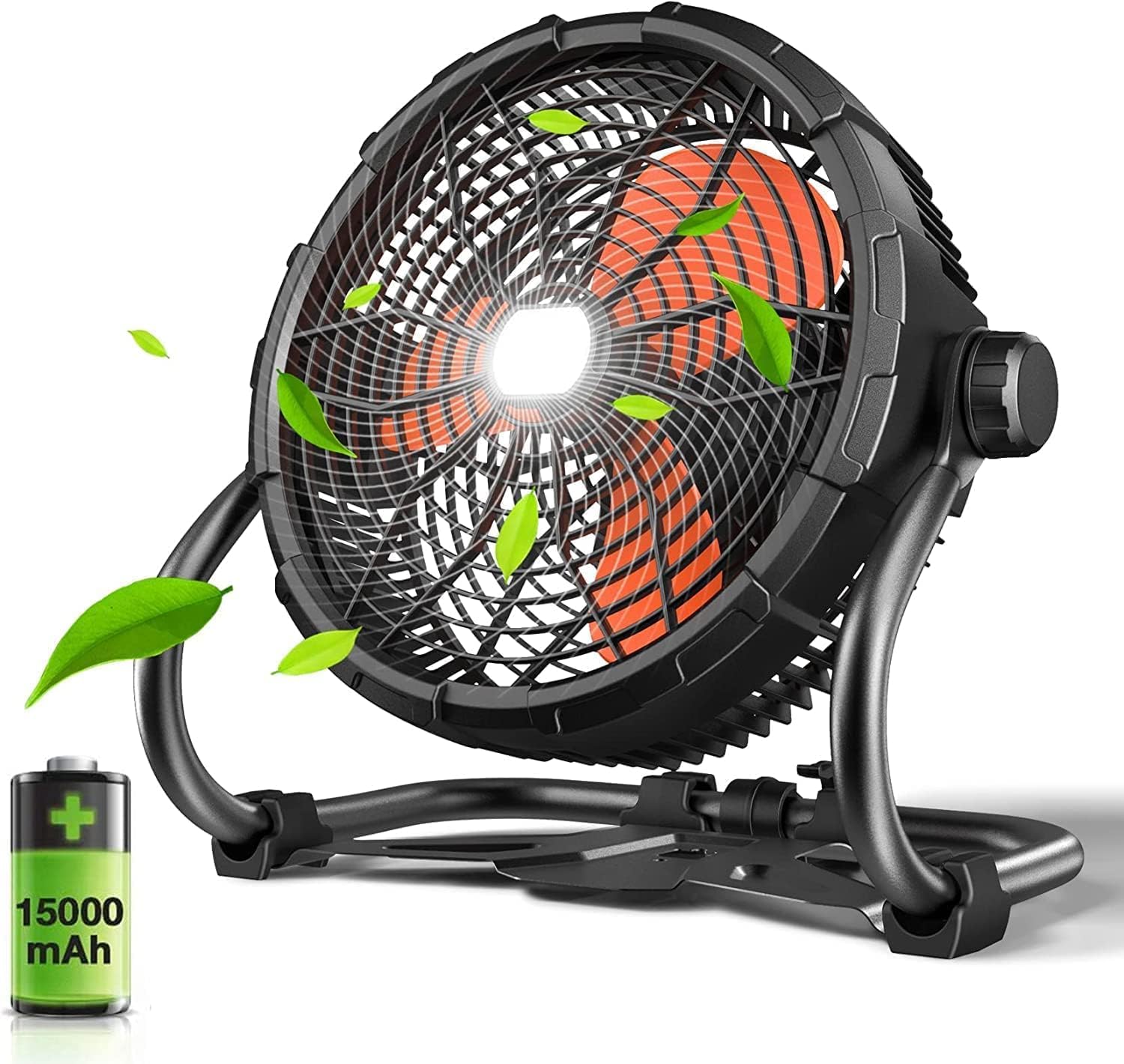Rovtop 12" High Velocity Floor Fan, Rechargeable Outdoor Indoor Fan, 15000 mAH Cordless Portable Battery Operated, Run for 4.5-18 Hours, 360° Adjustable Tilt Industrial Camping Fan with Led Light