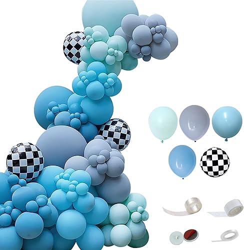 Decoración de combinación de globos, 146 piezas de globos azules de carreras de autos de carreras, kit de arco con guirnalda con cuadros para