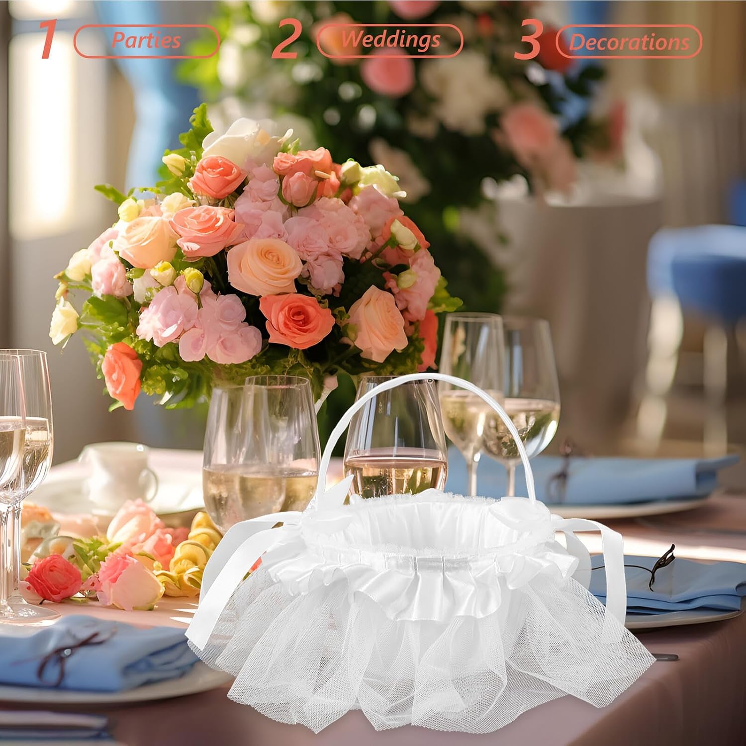 Luxshiny White Lace Bridal Flower Girl Basket Handheld Satin Wedding Party Basket Decorative Storage Container for Flower Ceremony Supplies image 5