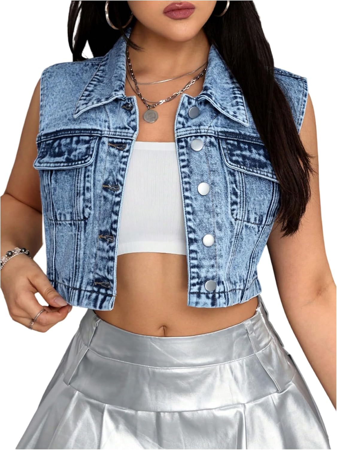 WDIRARA Women's Button Down Cropped Denim Vest Sleeveless Jean Jacket