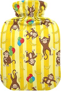 Monkeys Bananas Yellow Hot Water Bottle with Cover Hot Water Bag Rubber Bottles Hand Feet Warmers Soft Velvet Cover 2L for Hot Compress Winter