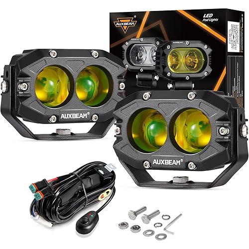 Auxbeam 4 Inch Amber Fog Lights, 60W Square Pod with 5050 LED Yellow Spot Lens Beam Offroad Driving Light with Wiring Harness for Jeep Motorcycle SUV Trucks Boat (2 Pcs)