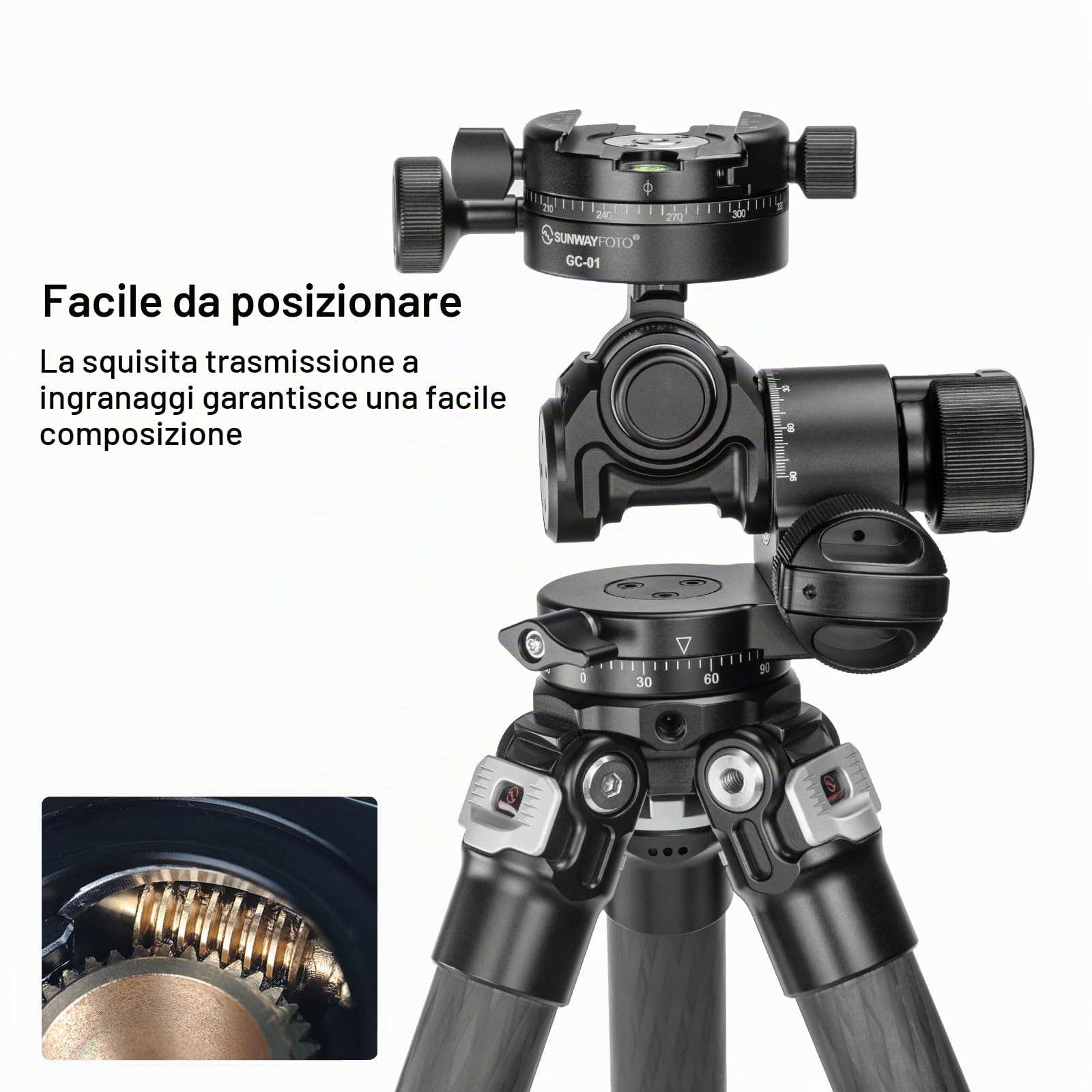 Sunwayfoto GH-PROII+ Regolazione indipendente 3D della testa ingranata viene fornita con morsetto panoramico orientato GC-01