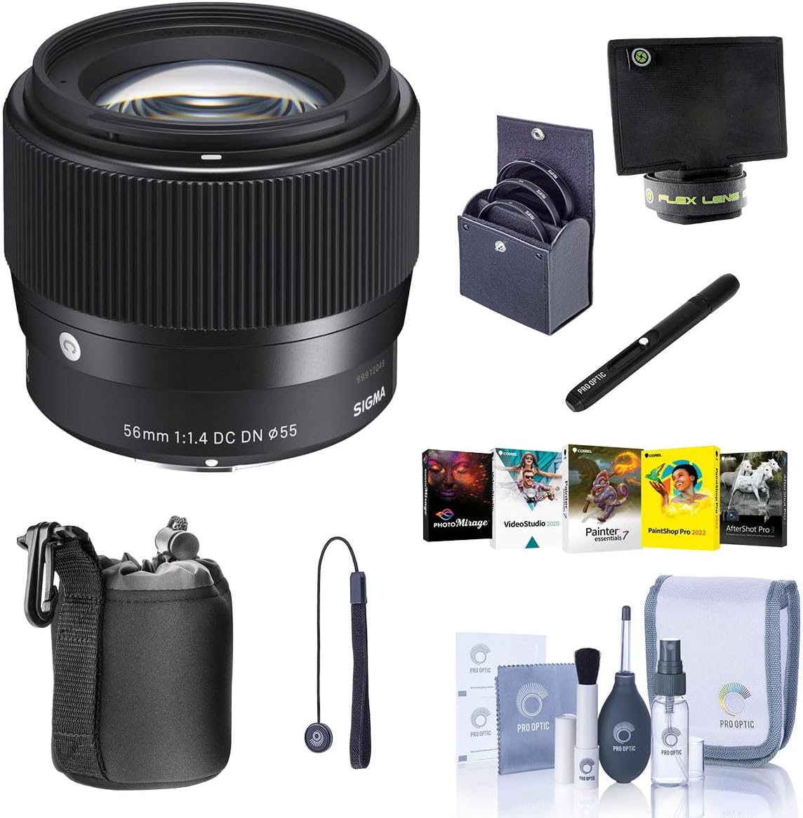 Sigma 56mm f/1.4 DC DN Contemporary Lens for Micro Four Thirds, Bundle with Filter Kit, Cleaning, PC Software, Cap Tether, Cleaner, Flex Shade, Pouch