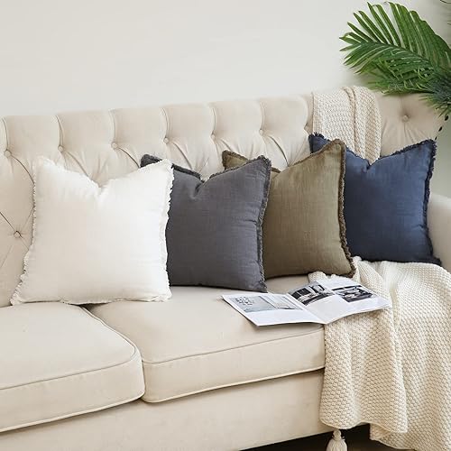 Miniatura 5 de Hckot Funda de almohada de lino de 20 x 20 pulgadas, funda de almohada lumbar gris con borlas y flecos, cojines decorativos rústicos para sofá,