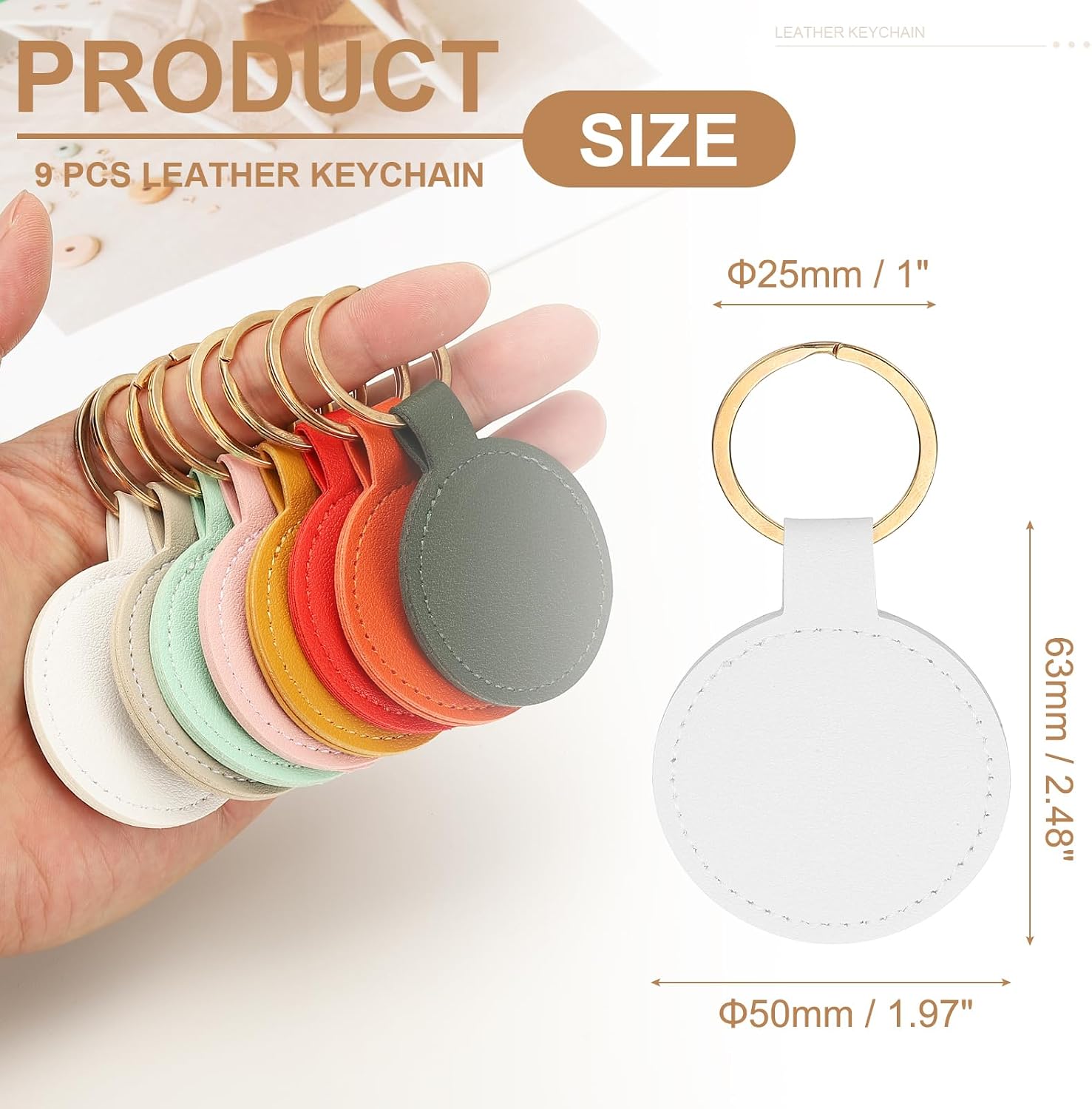 PATIKIL 9pcs Leather Keychain Blanks,50mm Sublimation Keychain Blanks PU Leather Key Chain Keyring with Rings,Round image 2