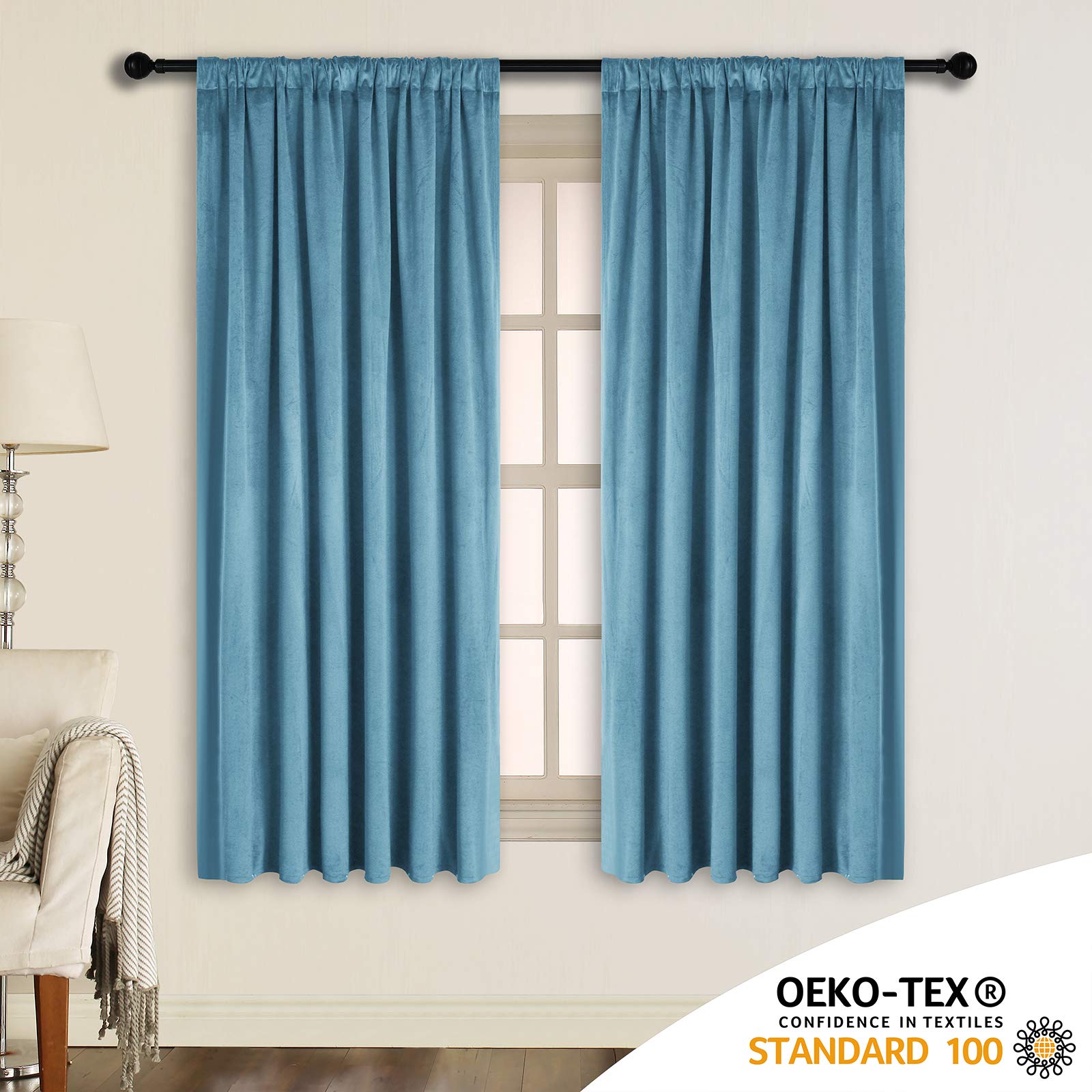 SNITIE Cortinas de terciopelo azul cielo de 160 cm de largo con pestaña trasera y bolsillo para barra