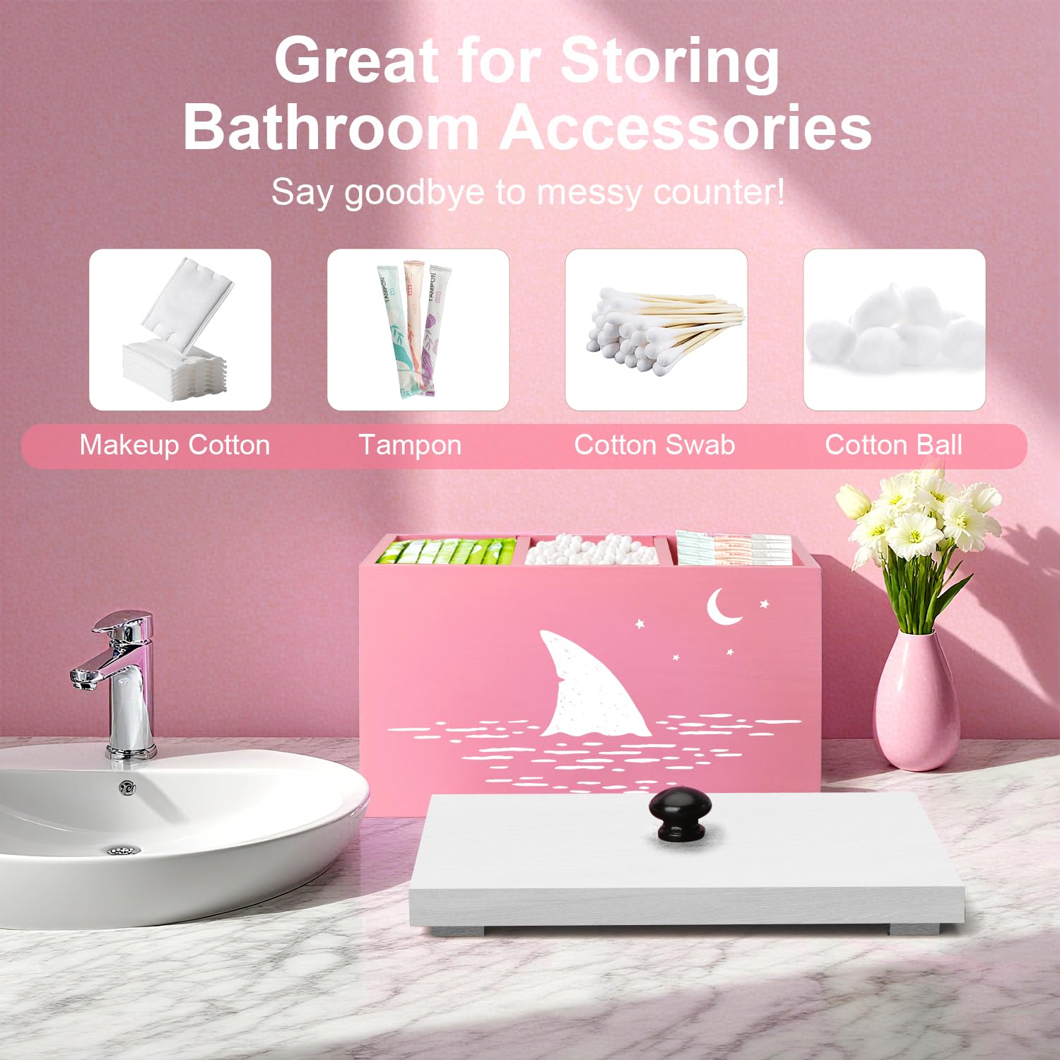 Tampon Holder for Bathroom,Pink Feminine Product Organizer,Girl Stuff Box for Bathroom,Pad and Tampon Organizer for Bathroom,Pad Holder for Bathroom,Shark Week Bathroom Organizer,Bathroom Accessories