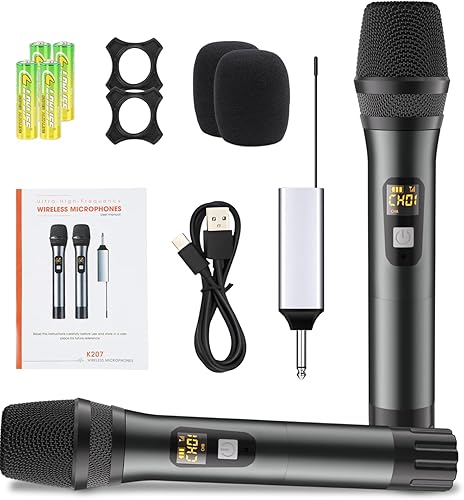 Miniatura 7 de Micrófonos inalámbricos para karaoke, sistema de micrófono dinámico inalámbrico de mano dual, microfonos inalambricos con receptor recargable, rango