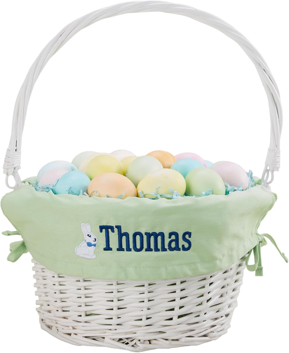 Personalization Universe Personalized Bunny Name Easter Basket – Custom Kids Easter Egg Basket – Embroidered Light Blue Basket Liner – Hand-Woven White Willow Basket with Folding Drop-Down Handle