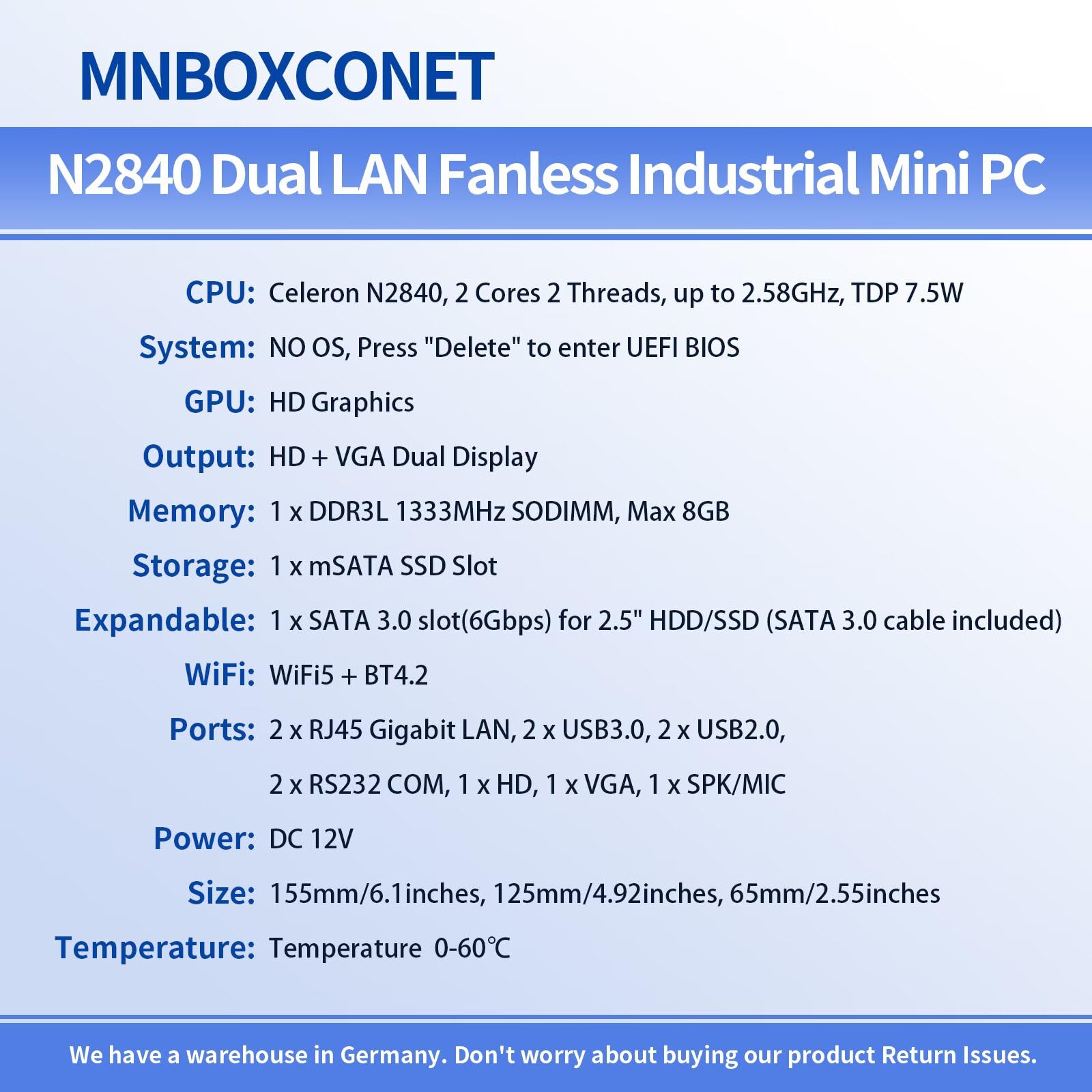 Lüfterloser Mini PC Industrie Celeron N2840, 2 x RS232 serielle Schnittstellen, 2 x 1000M Gigabit-LAN, Micro Computer, 8 GB RAM, 512 GB SSD, VGA+HD, WiFi/BT, SIM Slot