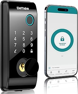Elemake Smart Deadbolt Fingerprint Door Lock, Keypad Deadbolt Smart Lock for Front Door, Auto Lock, APP Remote Control, Work with Alexa, Google Assistant (Supports Gateway to Use WiFi Function)