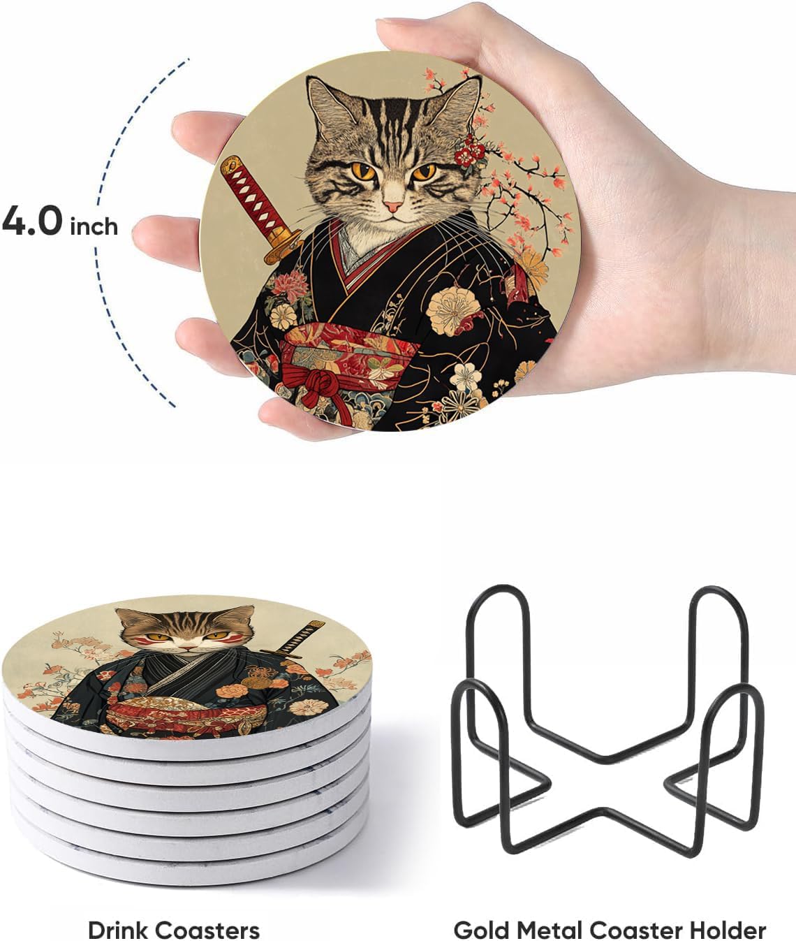 Ninja Cat Coasters Set of 8 Ceramic Cat Lover Gift Coasters with Holder for Table Bar Desk Anime Cat Decor